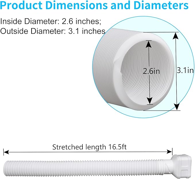 16.5ft Long Gutter Downspout Extensions, Downspout Extender Drainage Pipe for 2"×3" and 3"×4" Downspout, Outside Diameter 3.1 Inches, Pipe Stretched Length 16.5ft (White-1 pack)