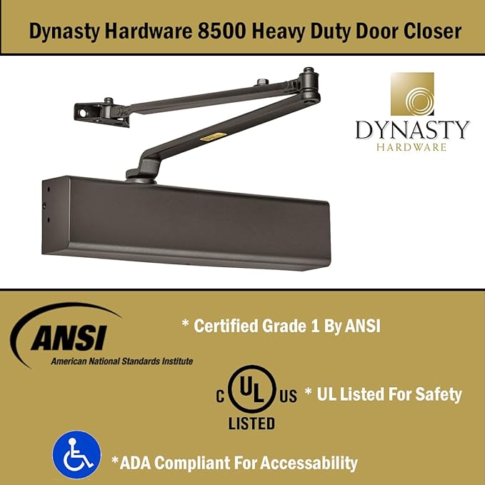 Dynasty Hardware Door Closer, Grade 1 Heavy Duty Commercial Hydraulic Closer, Self-Closing, Adjustable Spring Size 1-6, ADA Compliant, Surface Mount, Duronotic Bronze, Series 8500