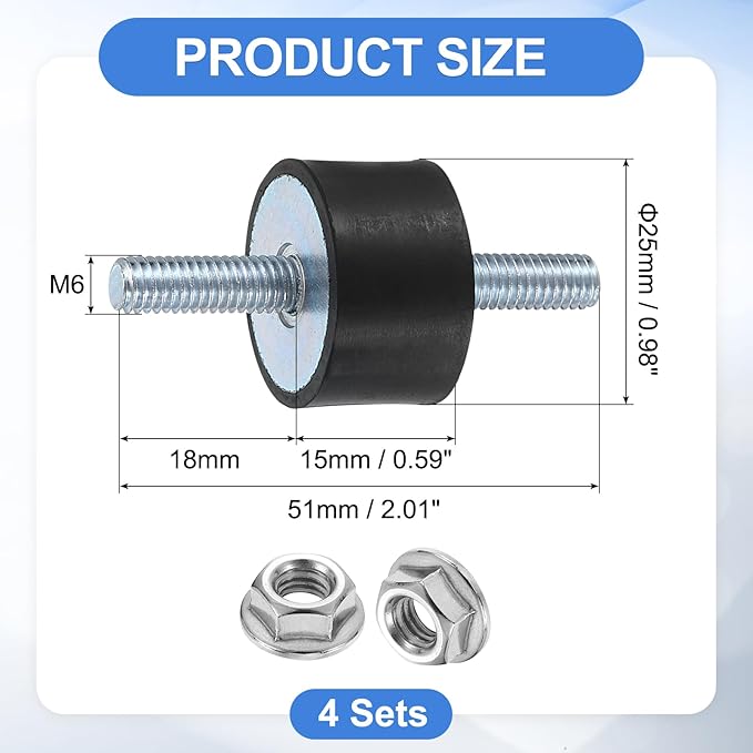 uxcell 4Pcs M6 x 18mm Rubber Mounts, 15 x 25mm Cylindrical Anti Vibration Isolator Studs Shock Absorber Double Studs with Nuts for Car Bobbin Generator Air Compressors