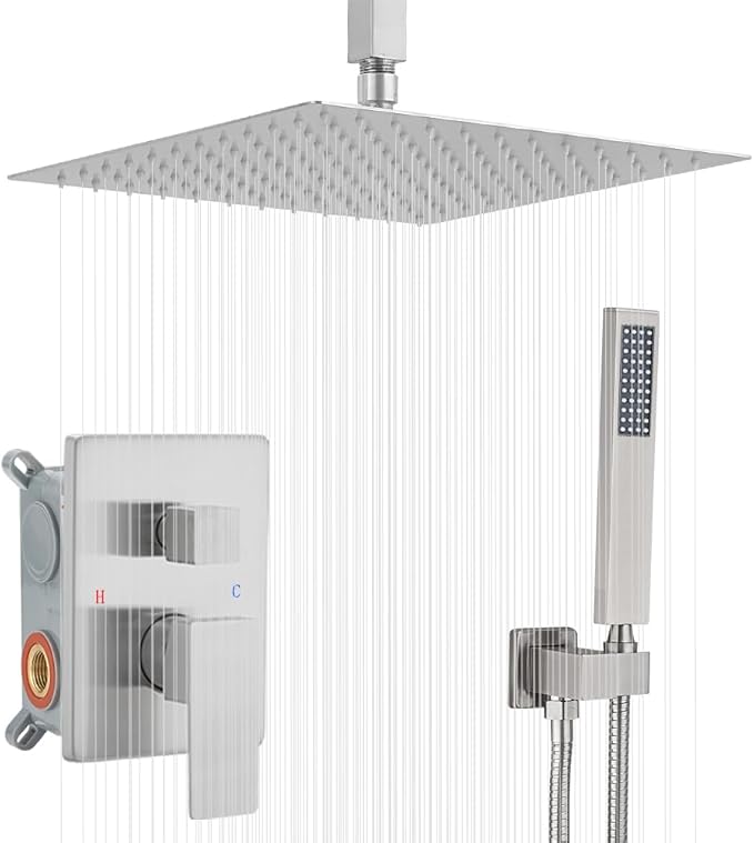 Brushed Nickel Shower System Bathroom 12 Inch Rain Shower Head Ceiling Mount with Handheld Luxury High Pressure Shower Combo Set Shower Faucet Rough-in Valve Body and Trim Kit