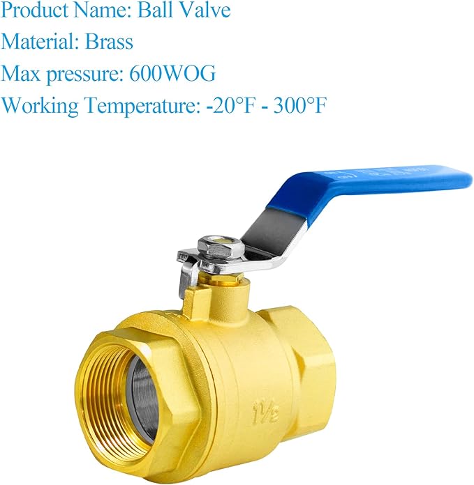 WiseWater 1.5" Full Port Brass Ball Valve - 1-1/2 Inch Female Threaded NPT With 1/4 Turn Blue Handle, 600 WOG, Plumbing Fitting, UPC Certified, 1 Pc