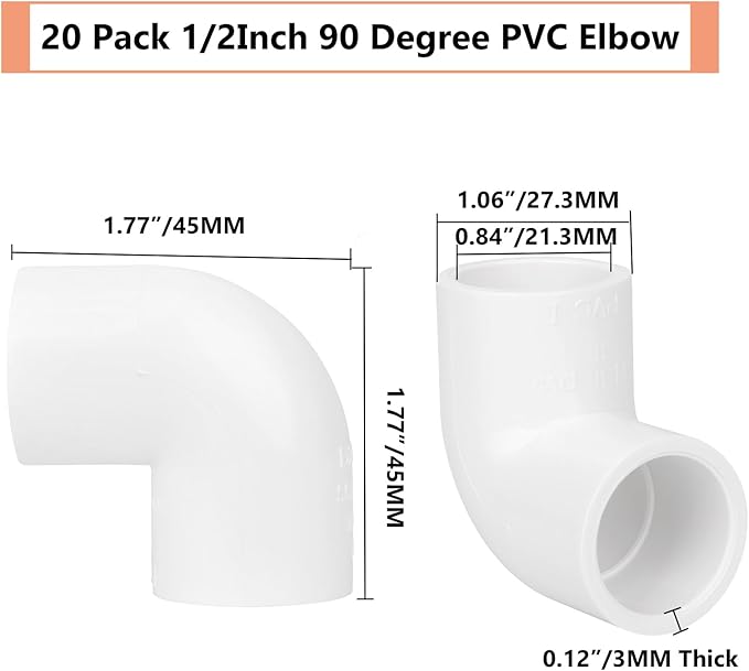 20 Pack 1/2" 90 Degree Elbow Pipe Fittings 2 Way Right Angle PVC Pipe Fitting, Furniture Build Grade SCH40 (Socket x Socket) 1/2" PVC Fitting Connectors for DIY Shelf Garden Support Structure
