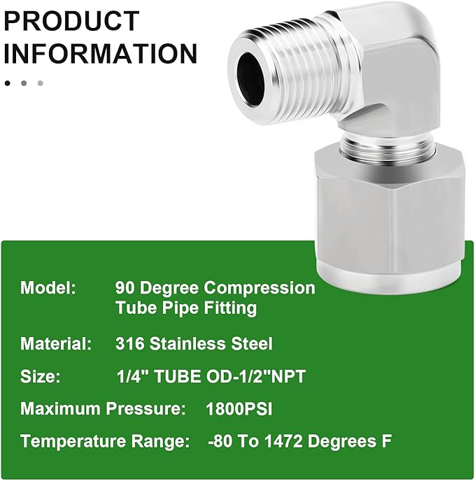 TAISHER 1PCS 316 Stainless Steel 90 Degree Compression Tube Pipe Fitting Connector, 1/4" Tube OD x 1/2" NPT Male Adapter