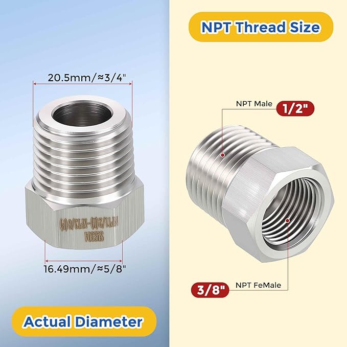 2 Pack 304 Stainless Steel Pipe Fittings, 1/2" Male G to 3/8" FNPT Hex Bushing Reducer, Hose Tube Threaded Adapters for Air, Oil, LP, Gas