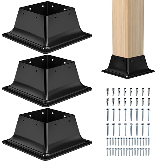 4x4 Post Base 3Pcs-Inner Size 3.6x3.6-Heavy Duty Metal Post Brackets-Deck Post Anchors-Solid Steel-Powder Coated-Wood Post Holder for Porch Handrail Railing Pergola Fence Pavilion-Support Deck Base