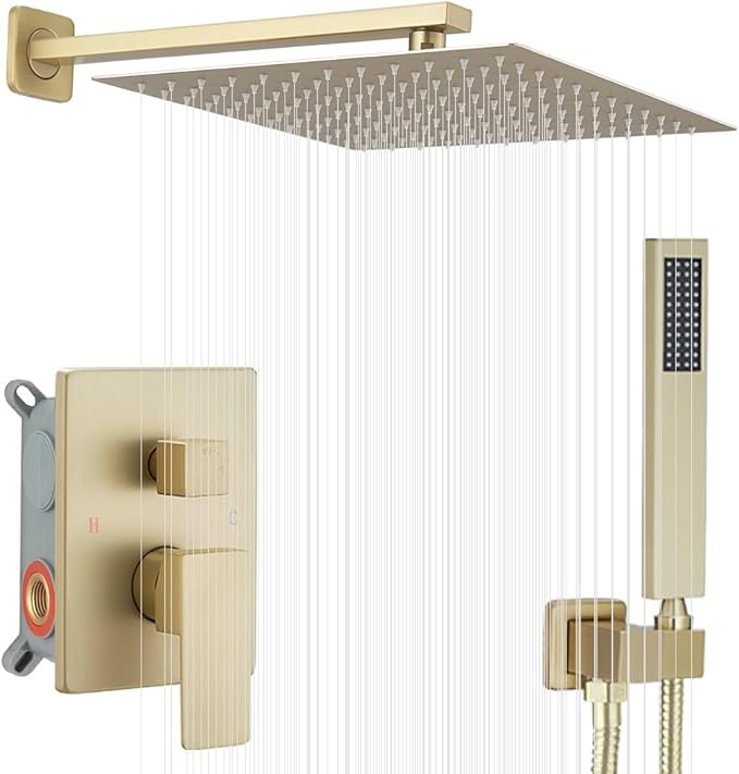 Brushed Gold Shower System 12 Inch Bathroom Luxury Rain Mixer Shower Combo Set Wall Mounted Rainfall Shower Head and Handheld System Shower Faucet Set Rough-in Valve Body and Trim Kit