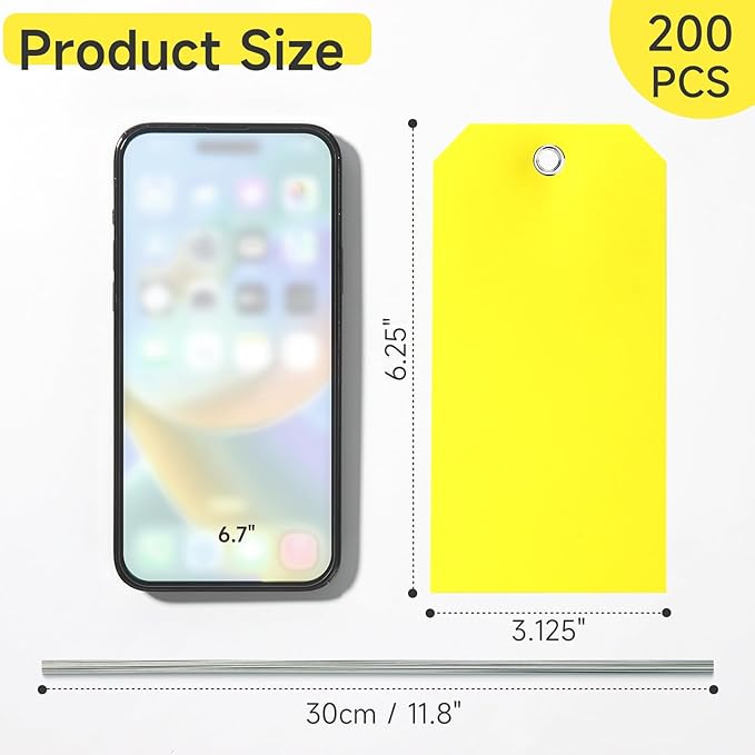 200 Yellow Plastic Hang Tags - 6 1/4 x 3 1/8, Heavy Duty, Write On, Ideal for Equipment, Car Parts, Inventory & Repair