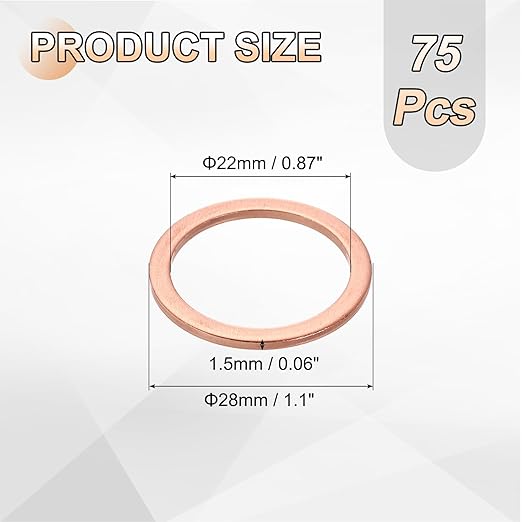 uxcell 75Pcs M22 Flat Washer Copper Washer Sealing Rings, 22mm ID 28mm OD 1.5mm Thickness Copper Crush Washers Metric Sealing Gasket for Plumbing Machinery Automotive