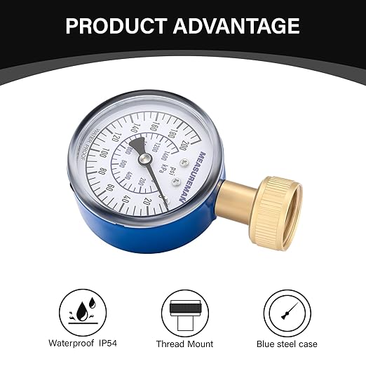 MEASUREMAN Blue 0-200 PSI Water Pressure Gauge, 2-1/2'' Dial, Hose bib Pressure Gauge, Home Water Pressure Tester, Durable 3/4” Hose Thread, Water Pressure Gauge for Home
