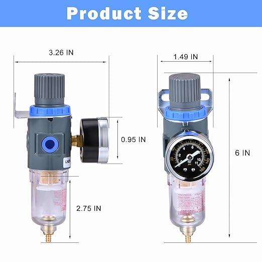 1/4 Inch NPT Air Filter Pressure Regulator, Water-Trap Air Tool Compressor Filter with Gauge