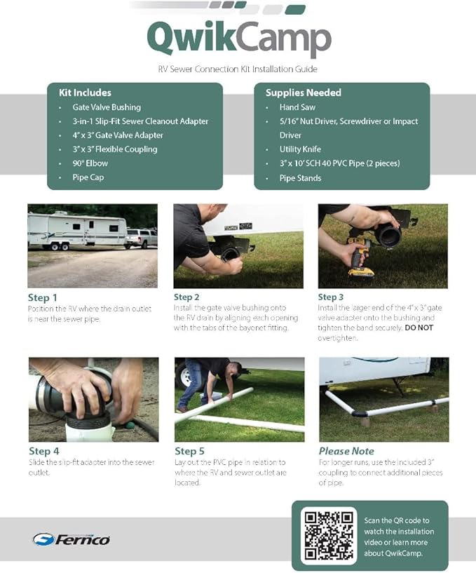 Fernco QwikCamp RV and Camper Sewer Waste Plumbing Connection System Kit with Slip Fit Coupling Adapter in Black