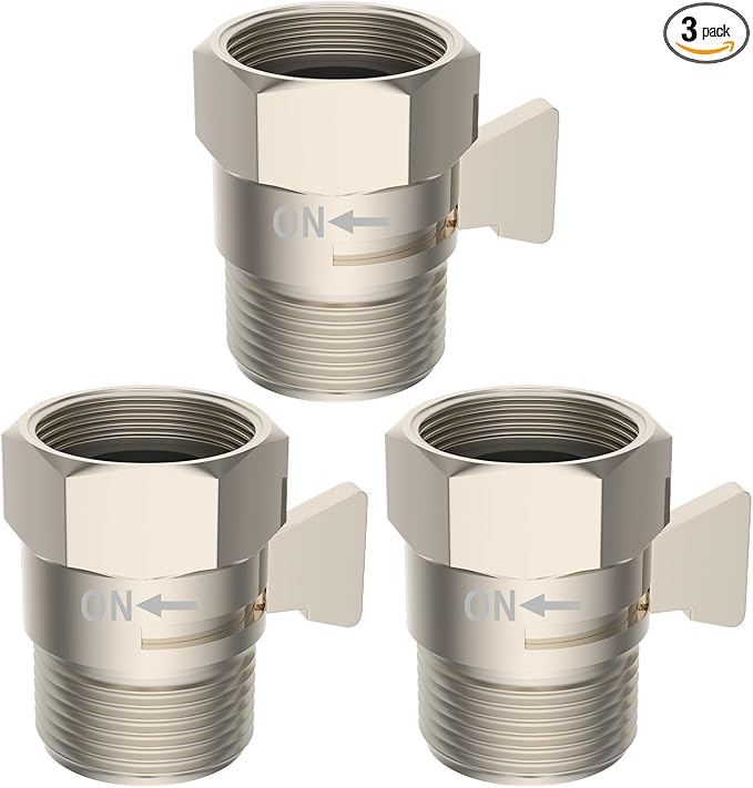 Hibbent All Metal 3 Pack Shower Head Flow Control Valve, G1/2 Brass Shut-off Valve with Metal Handle Lever, Shut OFF Water Flow Control Regulator for Handheld Shower, or Bidet Sprayer, Brushed Nickel