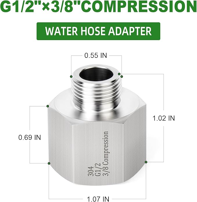 TAISHER 5PCS 304 Stainless Steel Water Hose Adapter 1/2" G Thread (BSP) × 3/8" Compression Pipe Fitting for kitchen bathroom faucet supply line adapter with rubber gasket