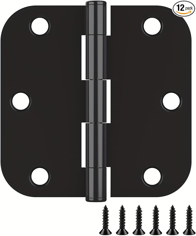 12 Pack Rounded Matte Black Door Hinges, 3.5 x 3.5 Inch Hinges with 5/8" Radius Corners, Durable and No Squeak Hinges, for Home Interior, Exterior Doors and Commercial Use