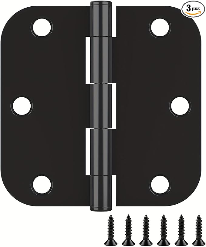 3 Pack Rounded Matte Black Door Hinges, 3.5 x 3.5 Inch Hinges with 5/8" Radius Corners, Durable and No Squeak Hinges, for Home Interior, Exterior Doors and Commercial Use