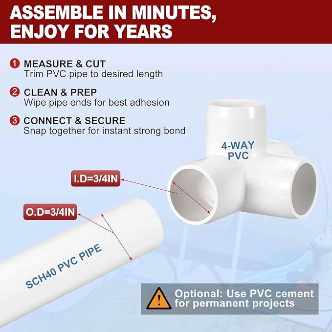 15Pcs 3/4" Elbow PVC Fitting, SCH40 4-Way Tee Furniture Grade PVC Pipe Fitting, DIY Corner Elbow Connector for Building Furniture, Greenhouse Frame Connection, Socket x Socket