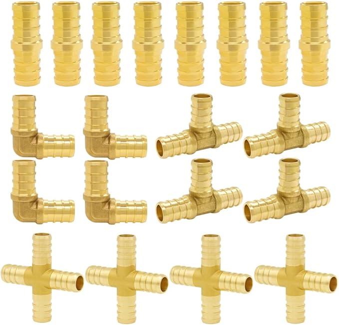 Hooshing 20PCS PEX Fittings Combo: 1/2 Inch Straight Coupling, 90 Degree Elbow, Tee, 4 Ways Fittings - Solid Brass Barb Crimp Pipe Hose Fittings