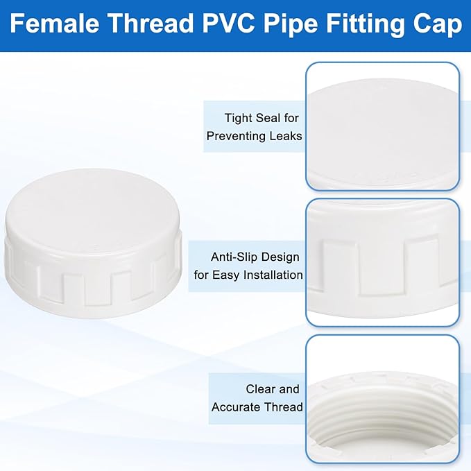 uxcell 5Pcs 1-1/4 Inch PT Female Thread PVC Pipe Fitting Cap, Cleanout Water Drain End Caps, Pipe Plug Socket Fittings with Gasket for Water Heater Supply Lines, Plumbing, White