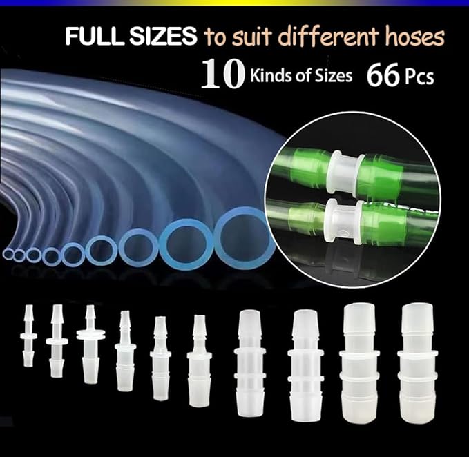 66Pcs Plastic Hose Barb Reducing Fittings Assortment, 10 Sizes of Barbed Reducer Hose Pipe Fitting Connector Adapter Union Splicer Joint for Air Gas Water Liquid Fuel Line Catheter Tube Pump Adapters