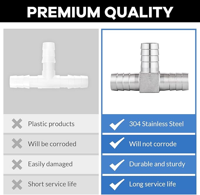 304 Stainless Steel 1-1/4" Barb x 1-1/4" Tee Joint Fitting Union for Water, Fuel, Air - 2PCS