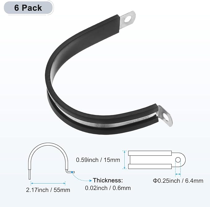 6-Pack Cable Clamps, 2-3/16 Inch/ 55 mm 304 Stainless Steel Rubber Cushioned Insulated Cable Clamp R Shape Metal Holder for Tube/Wire/Pipe/Loop Installation