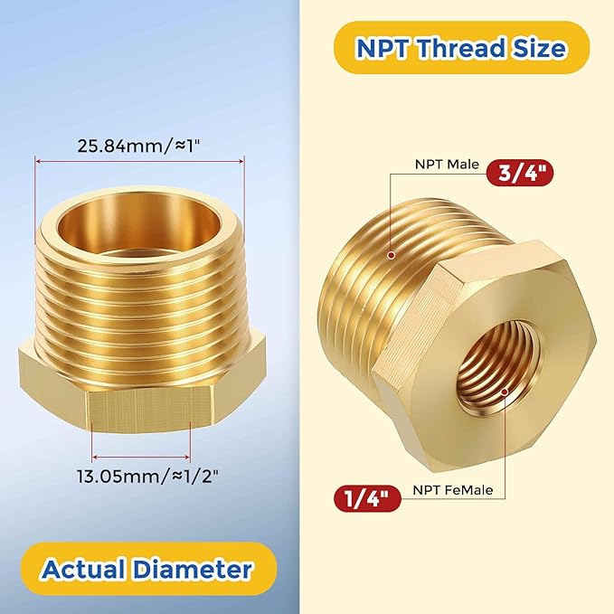 2 Pack Brass Pipe Fittings, 3/4" Male NPT to 1/4" FeMale NPT Brass Hex Bushing Reducer, Hose Tube Threaded Adapter Suitable for Air, Oil, LP, Gas