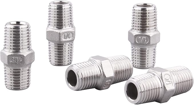 Hex Nipple 1/4 Inch Male NPT - DERPIPE Stainless Steel 304 Threaded Pipe Fitting for Brew Kit, Home Piping Application(Pack of 5)