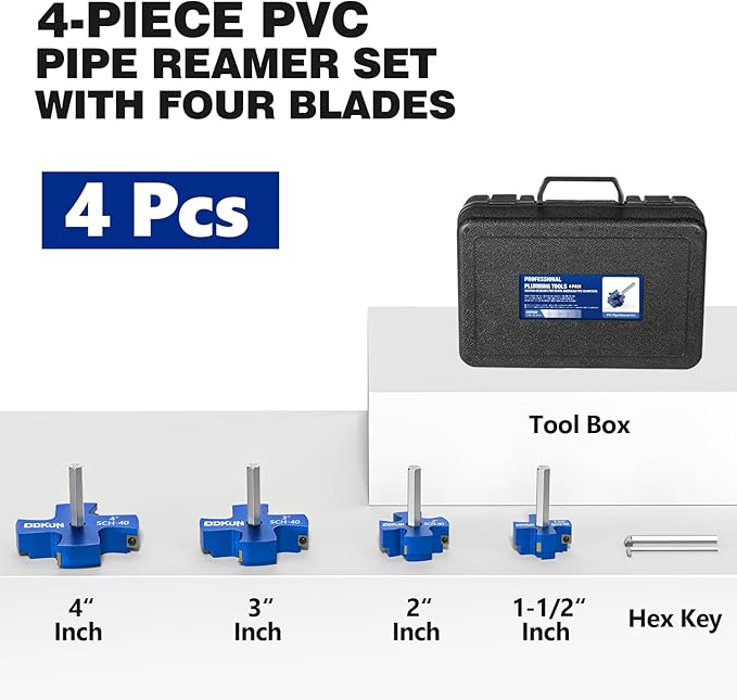 4Pcs PVC Pipe Reamer Kit, PVC Fitting Saver for SCH40, Includes 1-1/2", 3", 2 ", 4", Plumbing Pipe Fitting Tools with 4 Blades-Compatible with 1/2" Drills