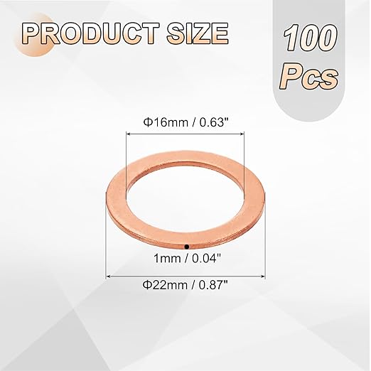 uxcell 100Pcs M16 Flat Washer Copper Washer Sealing Rings, 16mm ID 22mm OD 1mm Thickness Copper Crush Washers Metric Sealing Gasket for Plumbing Machinery Automotive