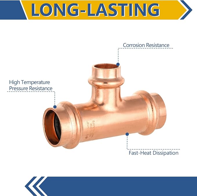 5-Pack GUOFIS Copper Press Tee,3/4" x 3/4"x 1/2" Tee Fittings for Copper Tube Connection with Stop(PRESS018-5Pack)