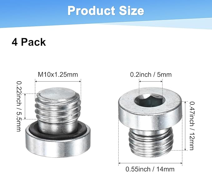 2-Pack M10x1.25mm Inner Hex Head Pipe Fitting Plug, Carbon Steel Sensor Socket Plug with Seal O-Ring for Terminate Pipe Ends/High Pressure Washer, Sealing Screw