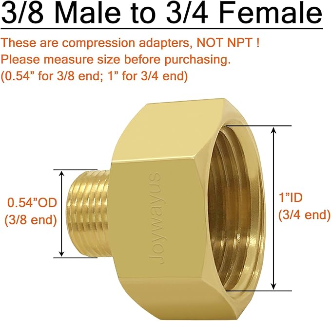 Joywayus 2PCS 3/4 GHT Female to 3/8 Compression Male Thread Adapter Pipe Fitting, Brass Reducer Faucet Connector Water Hose Adapter, Supply Line to Garden Hose Adapter for RV Kitchen Bathroom Plumbing