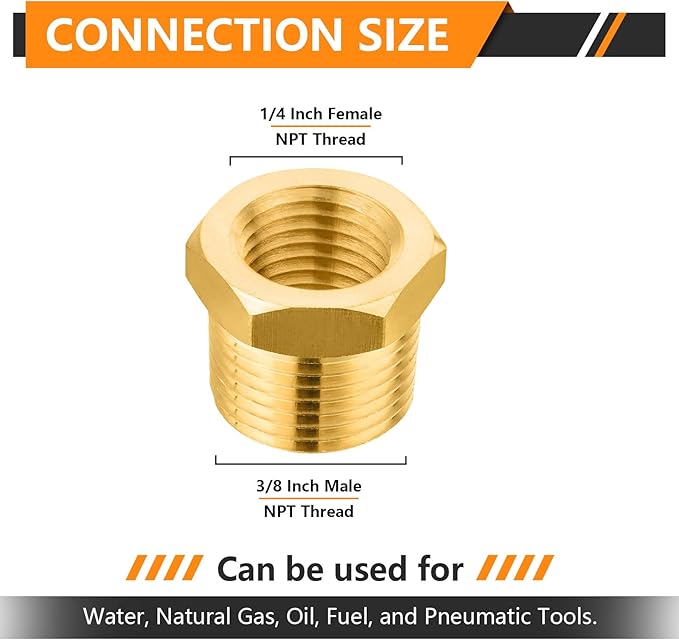 200-PCs HeSun Brass Thread Pipe Fitting, 3/8" NPT Male x 1/4" NPT Female Reducer Hex Bushing Adapter(NPT025-200)