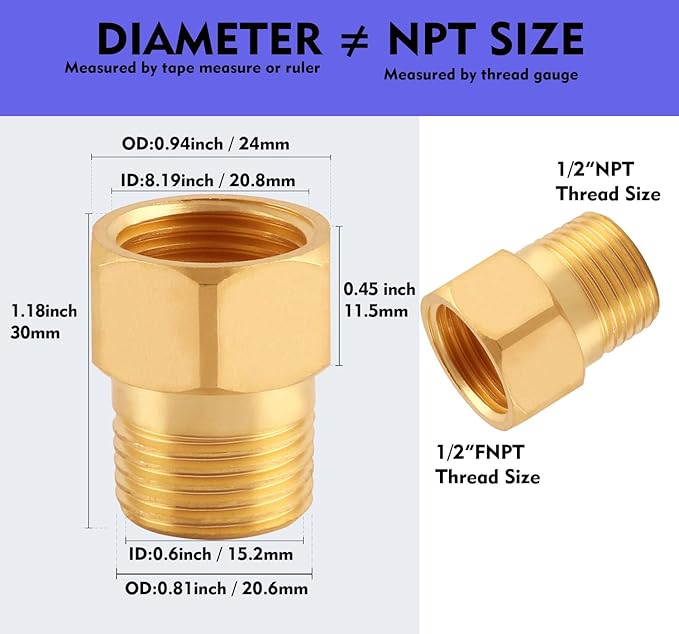 Brass Pipe Fitting Reducer Adapter1/2" NPT Female X 1/2" NPT Male Extension Connector （4-Pack）, 1/2 Inch Male to 1/2 Inch Female Pipe Fitting Adapter, Brass Pipe Extension Fittings