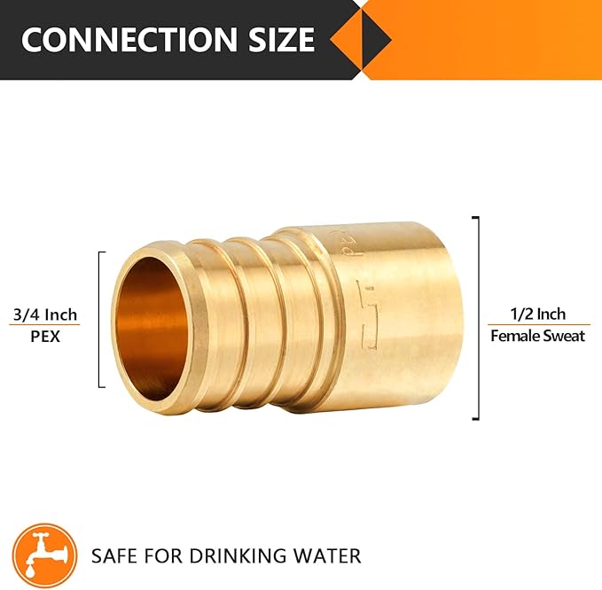 100-Pack HeSun PEX Fittings, 3/4" PEX x 1/2" Female Sweat Adapter (Over Copper Tube), Brass Crimp Fitting for ASTM F1807(PEX1807133-100)