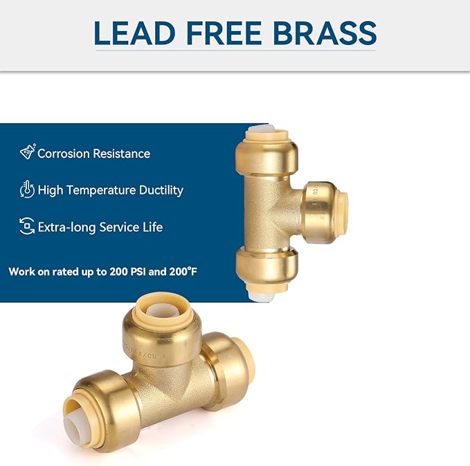 1/2" Pushfit Tee,20 Pack PEX Brass Push-fit Tee with 1 Pack Disconnect Clip, Push-to-Connect Plumbing Fittings for PEX, Copper, CPVC(PF118-20Pack)