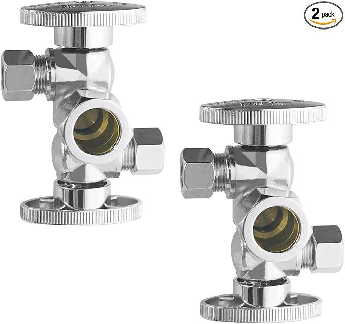 WiseWater Dual Water Shut Off Valve 5/8" OD Comp x 3/8" OD Comp x 3/8" OD Comp, 1/4 Turn Double Angle Stop Valve for Refrigerator, Ice Maker, Coffee Brewers, Water Filters (2 Pack)