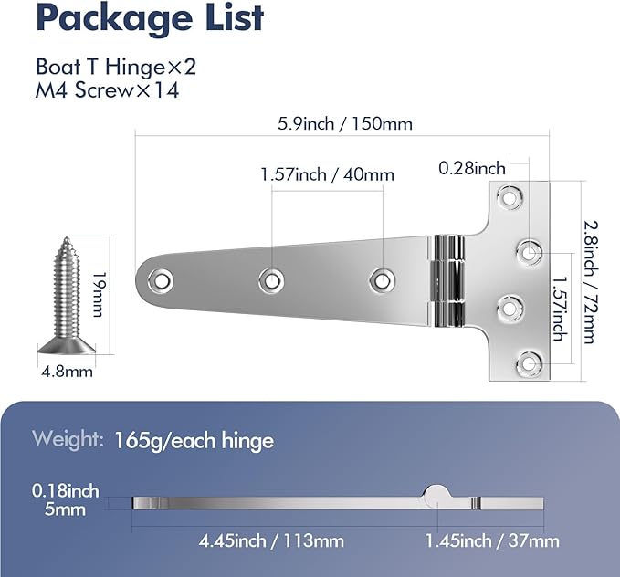 Boat T Type Hinge, Marine Grade Stainless Steel 316 Heavy Duty Strap Butt Hinge Durable Marine Applications for Hatch, Cabinet, Gate, and Door