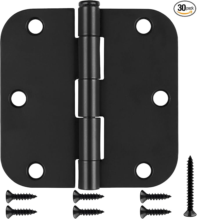 Estmoon 30 Pack Matte Black Door Hinges, 3.5 x 3.5 Inch, 5/8" Radius Rounded Interior Hinges, 6 Holes, Modern/Industrial Style, Iron Material