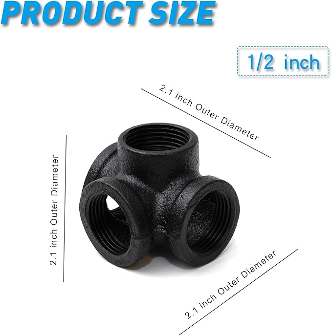4-Pack 1/2" Black 4-Way Side Outlet Tee, Corner Cast Malleable Iron Pipe Fitting for Industrial Pipe, Furniture and DIY Decoration
