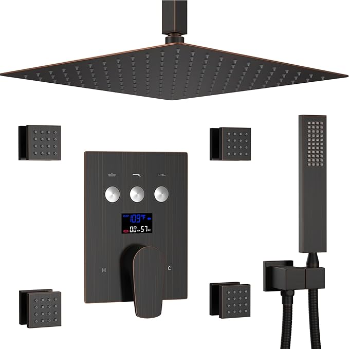 Shower System Oil Rubbed Bronze Shower Faucet Set 12 Inch Ceiling Mounted Full Body Shower System with Body Jets, Handheld Spray, Temperature Display Shower Valve