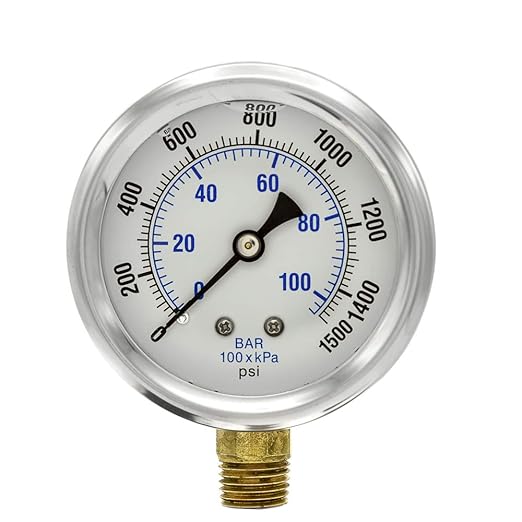PIC Gauges PRO-201L-254N 0-1500 PSI Pressure Gauge, 2 1/2" Dial, 1/4" Male NPT Connection, Bottom Mount, Dual Scale, Glycerin Filled, Stainless Steel Case/Bezel, Brass Internals & Plastic Lens
