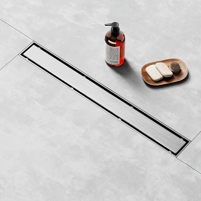 Linear Shower Drain 40 Inch, Brushed AISI 304 Stainless Steel Shower Drain with 2-in-1 Tile Insert Panel, for Bathroom, Kitchen, Garage & More