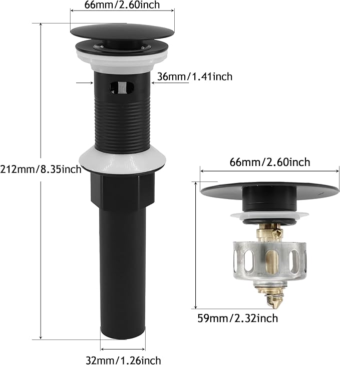 Bathroom Sink Drain,Drain Stopper Bathroom Sink with Overflow,Pop Up Drain Assembly with Detachable Strainer Basket,Built-in Anti-Clogging, Stainless Steel Nut Mattle Black