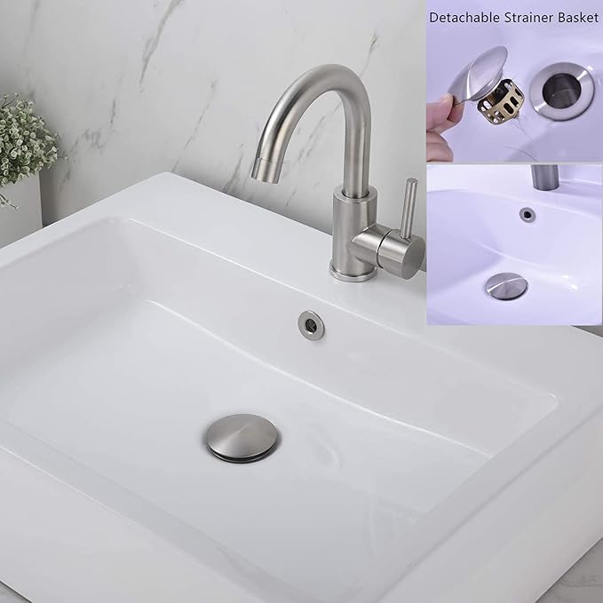 Bathroom Sink Drain,Drain Stopper Bathroom Sink with Overflow,Pop Up Drain Assembly with Detachable Strainer Basket,Built-in Anti-Clogging Strainer,Stainless Steel Brushed Nickel