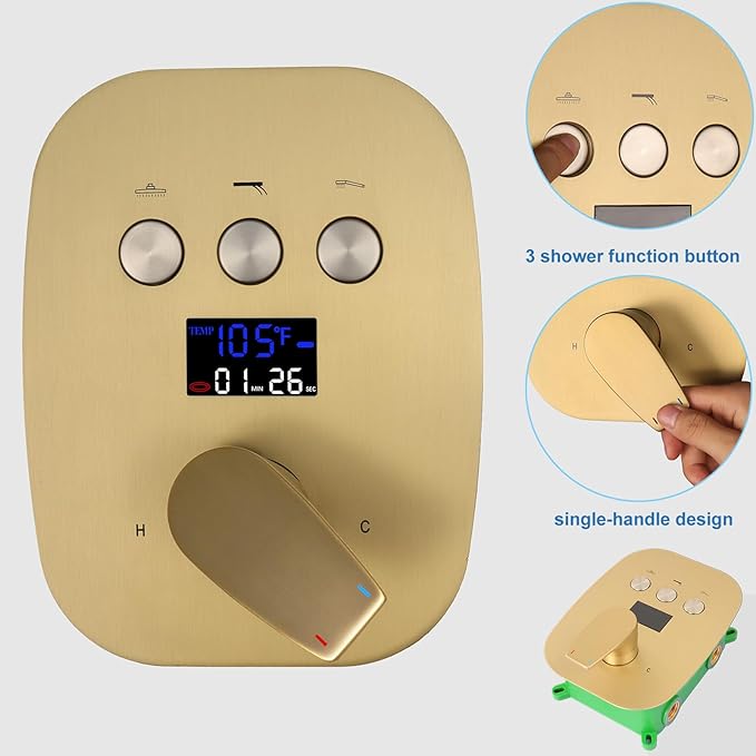 3 Way Shower Diverter Valve Push-Button Temperature Display Modern Bathroom Concealed Faucet Valve Rough-In Mixing Shower Valve Kit Replacement Can Work At The Same Time, Brushed Gold