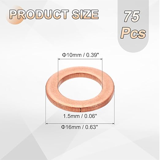 uxcell 75Pcs M10 Flat Washer Copper Washer Sealing Rings, 10mm ID 16mm OD 1.5mm Thickness Copper Crush Washers Metric Sealing Gasket for Plumbing Machinery Automotive
