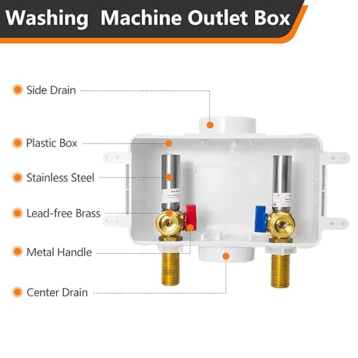 HeSun Washing Machine (Laundry) Outlet Box, 1/2 Inch MIP(Sweat) Inlet x 3/4 Inch MHT Outlet, Pex Washer Box with Center Double Drain, with Stainless Steel Arrestor