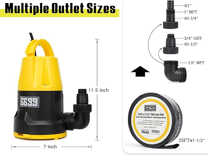 Submersible Sump Pump with 25FT x 1-1/2” Discharge Hose Kit 1/2HP Portable Pump 2500GPH Easy to Use for Draining From Swiming Pool Flooded Basement Standing Water Hot Tub