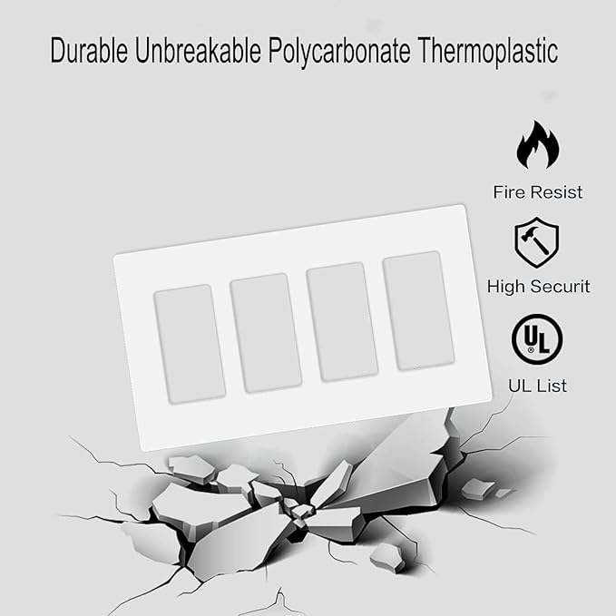 Screwless Decorator Wall Plates 4-Gang Switch Outlet Electrical Cover Plate Unbreakable Thermoplastic Faceplate for Decorative Receptacle Outlet Switch, White (2 Pack)